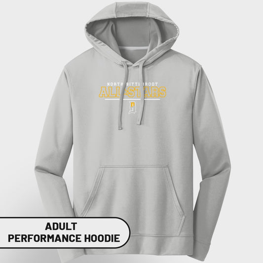 Grey adult performance hoodie with "North Bitti Root All Stars" text.