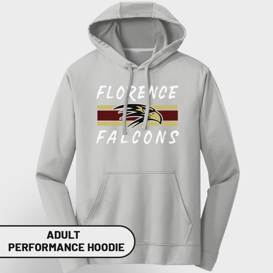 Light grey adult performance hoodie with Florence Falcons logo.