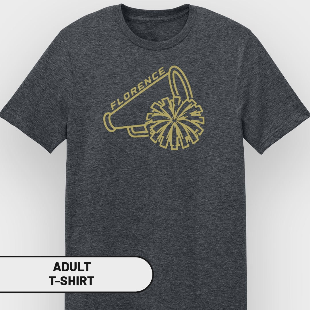 Dark grey adult t-shirt with gold megaphone and pom-pom graphic.