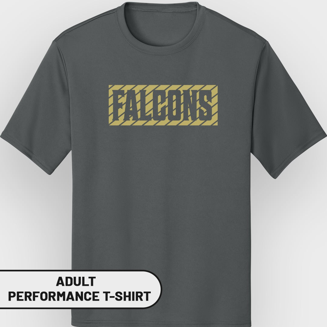 Dark gray adult performance t-shirt with "FALCONS" in yellow text on a striped background.