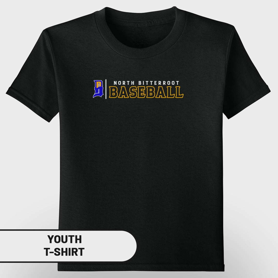 Black youth t-shirt with "North Bitterroot Baseball" text and logo.