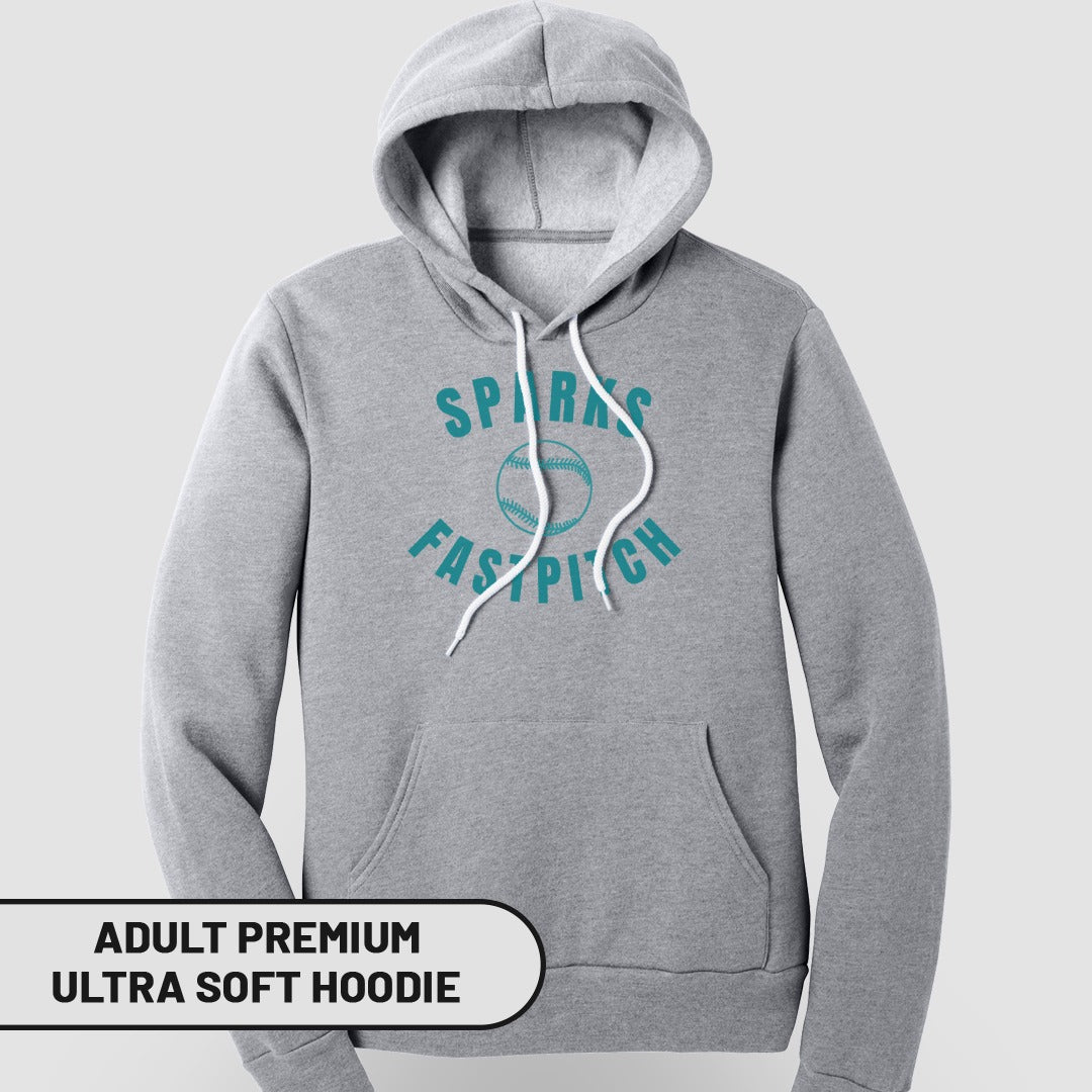 Grey adult premium ultra soft hoodie with "Sparks Fastpitch" text.