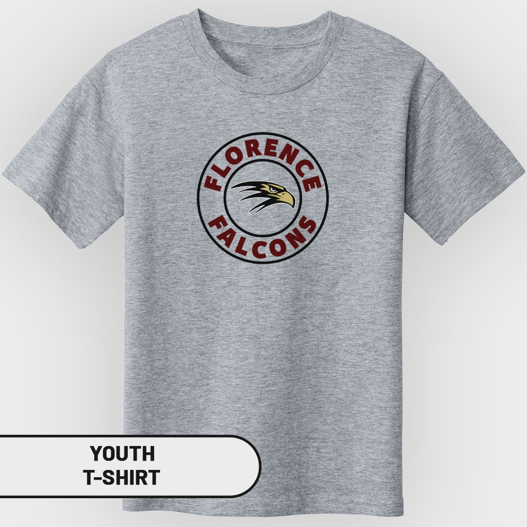 Grey youth t-shirt with Florence Falcons logo and text overlay.