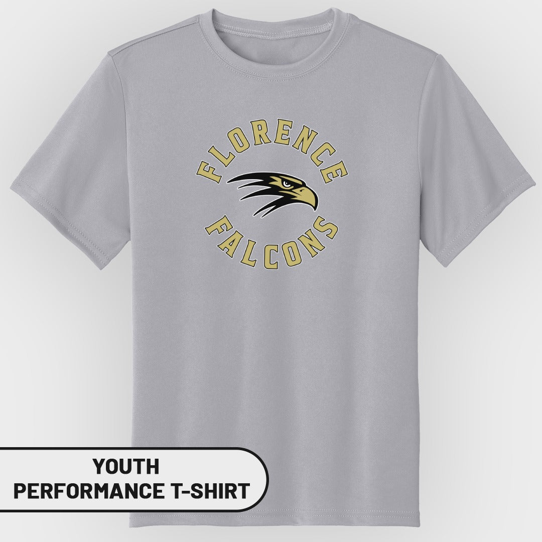 Grey youth performance t-shirt with Florence Falcons logo and text.