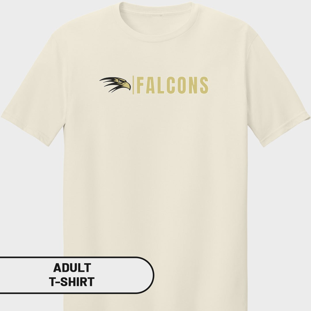 Cream adult t-shirt with black and gold Falcons logo on chest.