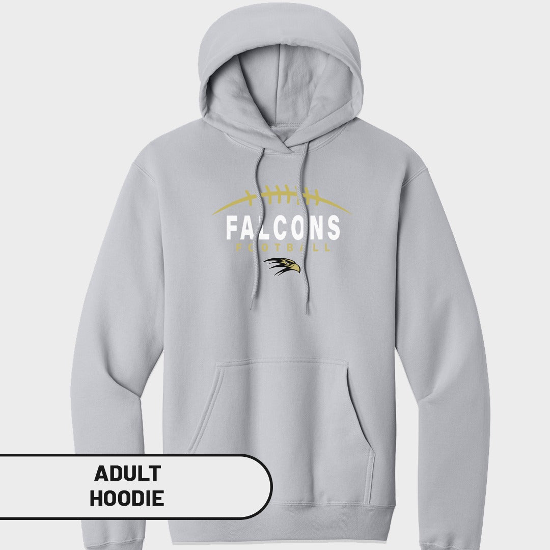 Light grey adult hoodie with "FALCONS FOOTBALL" text and a falcon graphic.