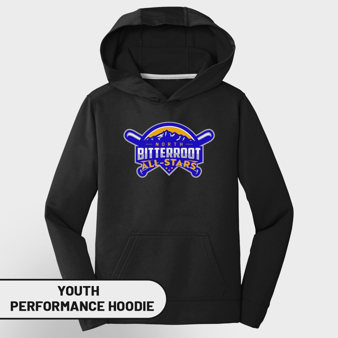 Youth black performance hoodie with North Bitterroot All-Stars logo.