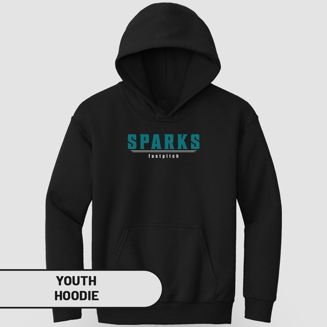 Black youth hoodie with "SPARKS fastpitch" text on chest.