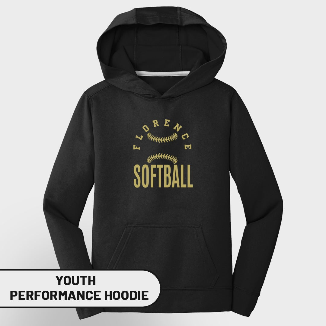 Black youth performance hoodie with "Florence Softball" text and softball graphics.