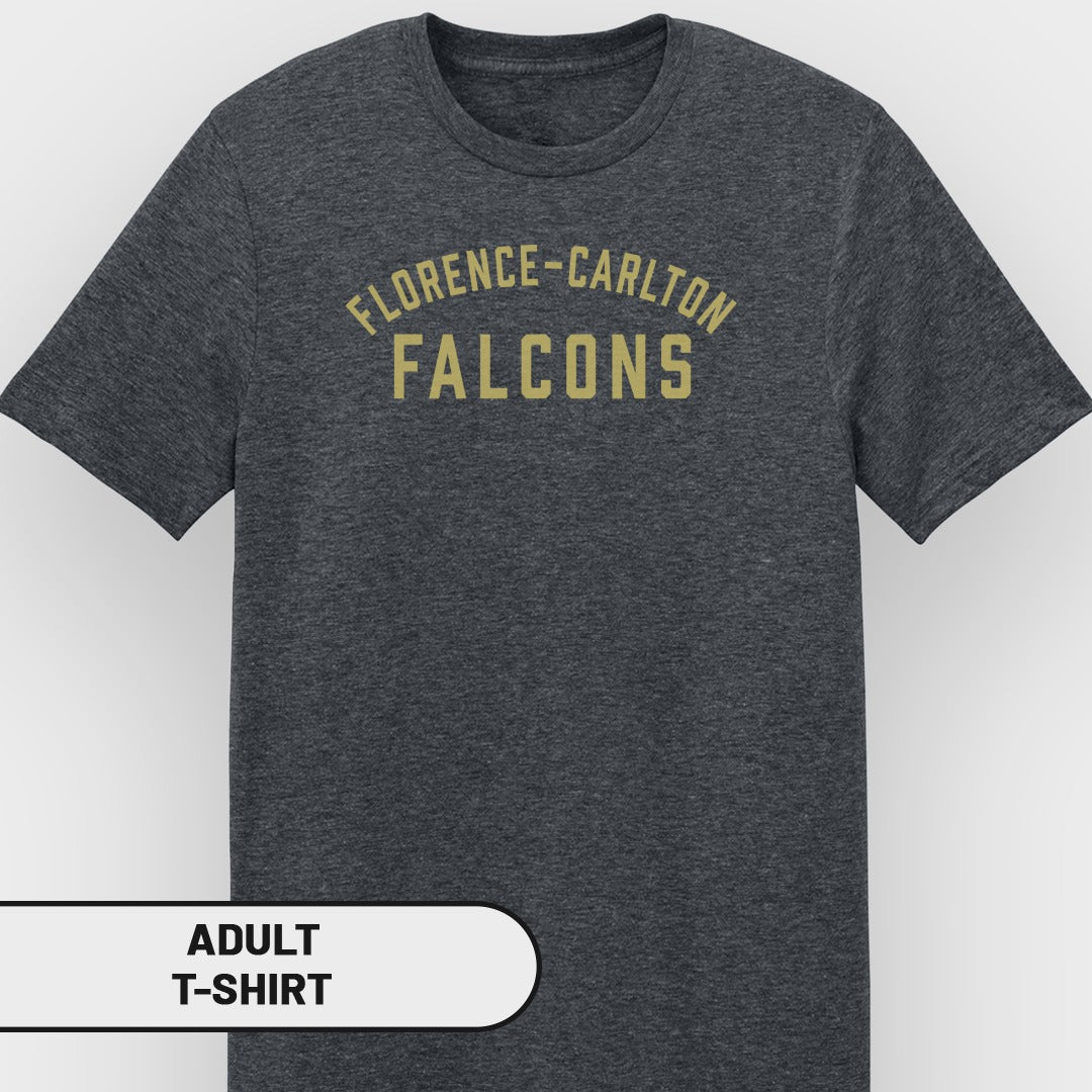 Dark gray adult t-shirt with "FLORENCE-CARLTON FALCONS" in gold text.
