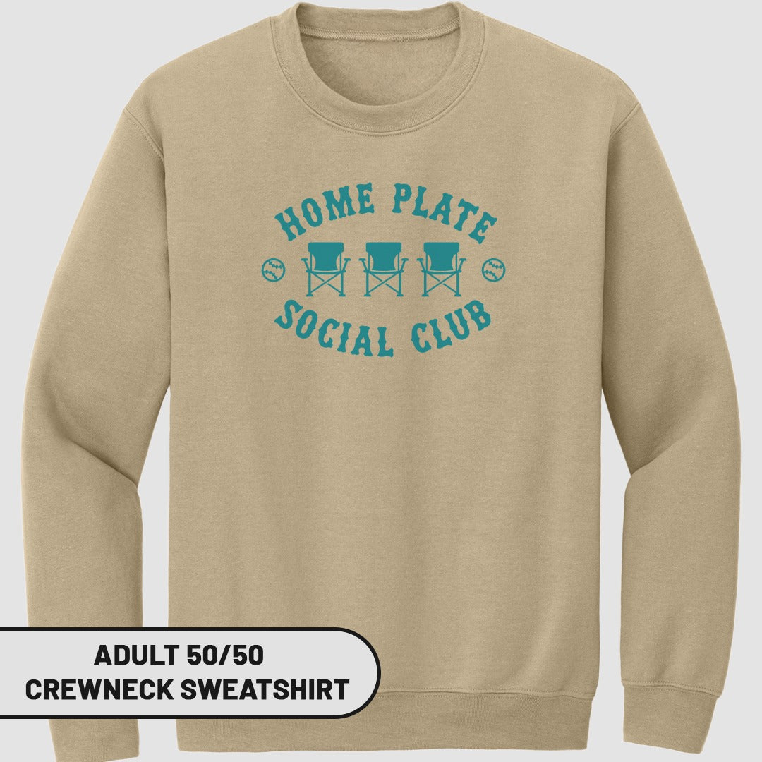 Tan crewneck sweatshirt with "Home Plate Social Club" text and chairs.