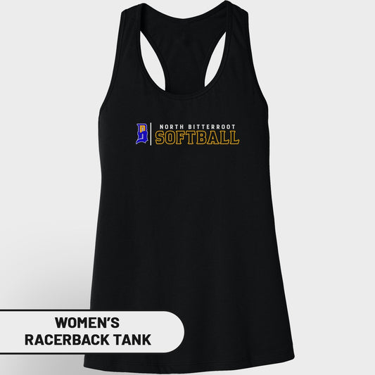 Black women's racerback tank with North Bitterroot Softball text.
