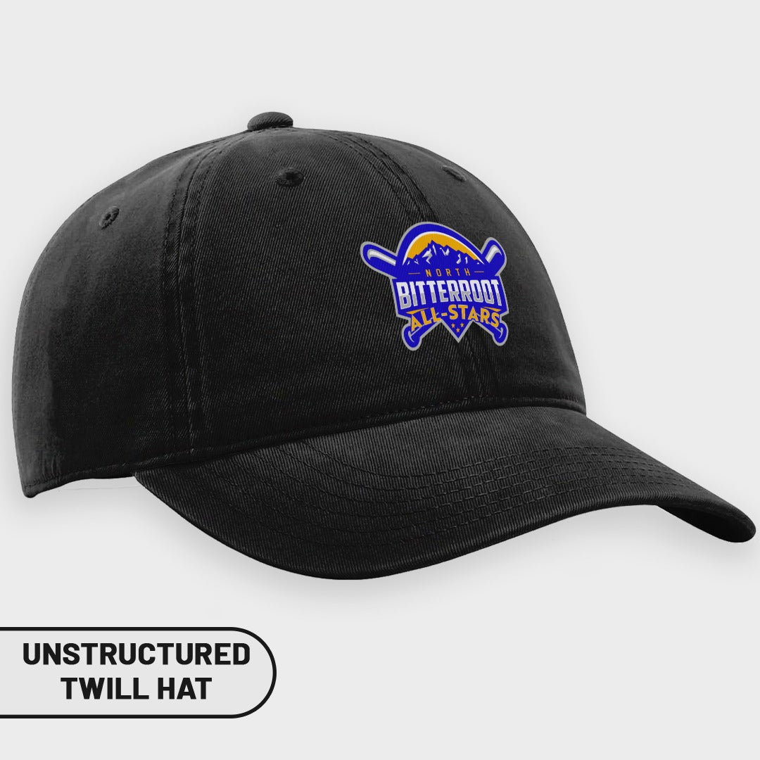 Black unstructured twill hat with a blue, yellow, and white "North Bitterroot All-Stars" embroidered logo.