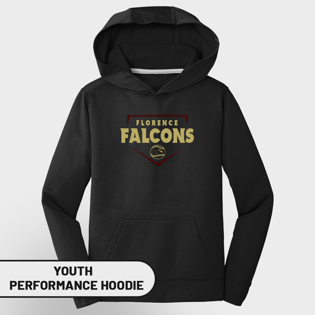 Black youth performance hoodie with "Florence Falcons" baseball graphic.