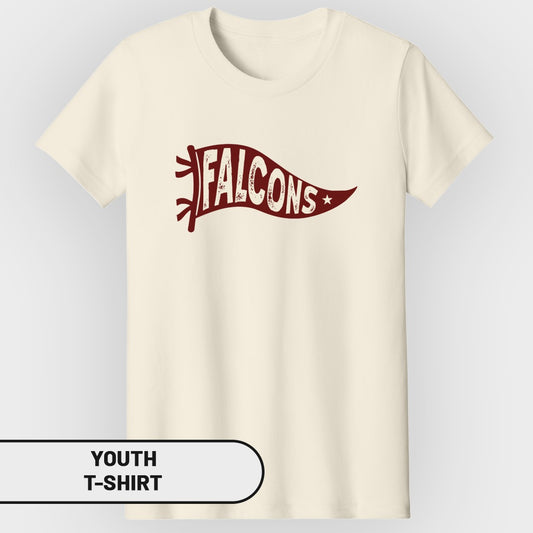 Youth t-shirt with a maroon banner graphic that reads "FALCONS"