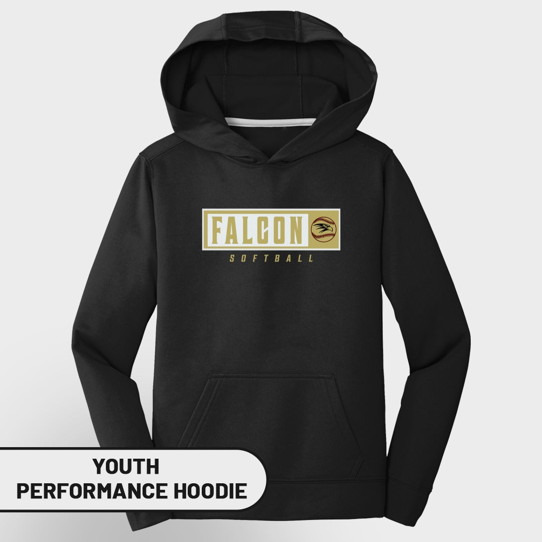 Black youth performance hoodie with "FALCON SOFTBALL" text and logo.