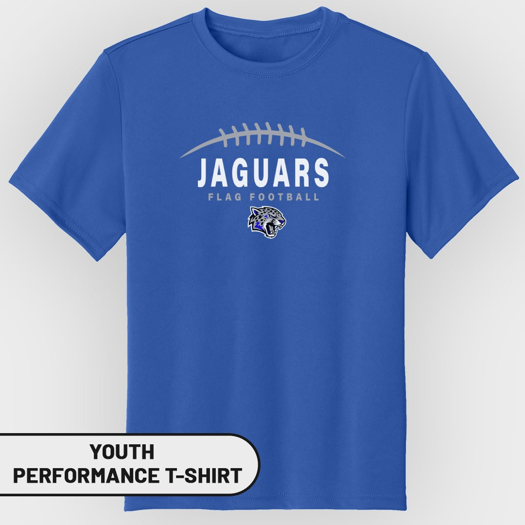 Blue youth performance t-shirt with Jaguars flag football graphic and text.