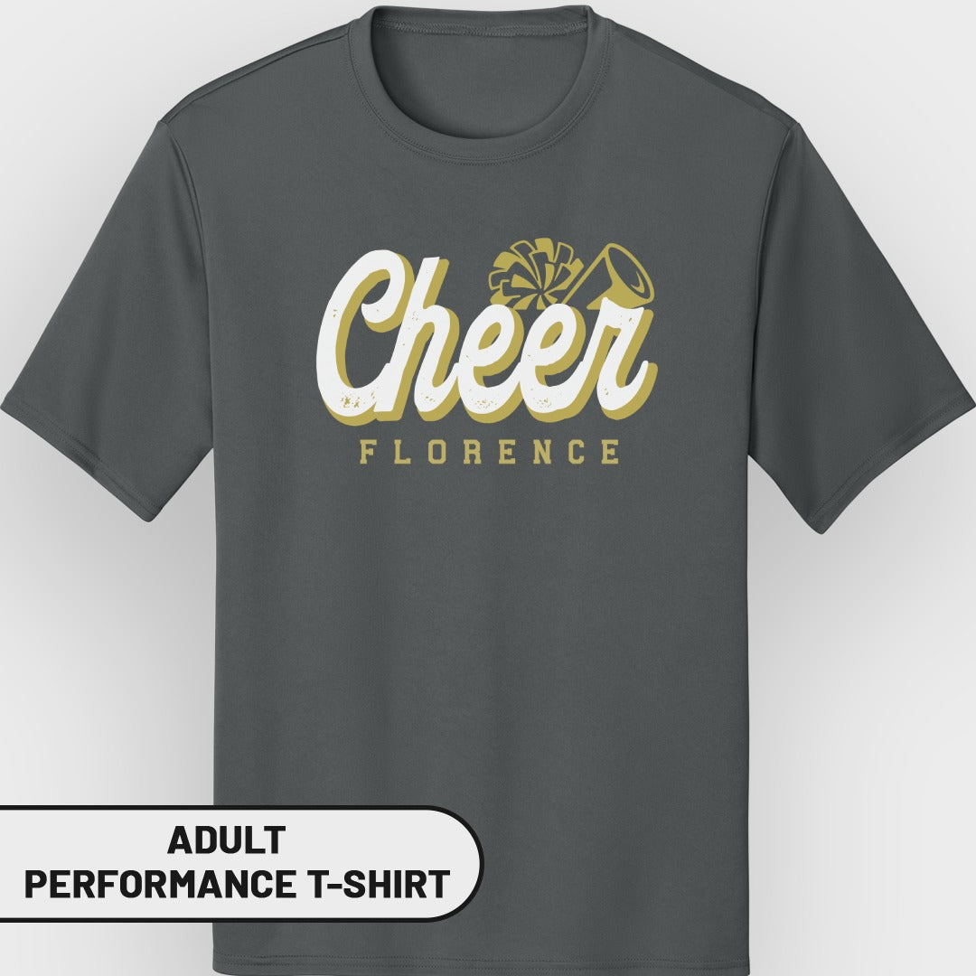 Dark grey adult performance t-shirt with "Cheer Florence" graphic.