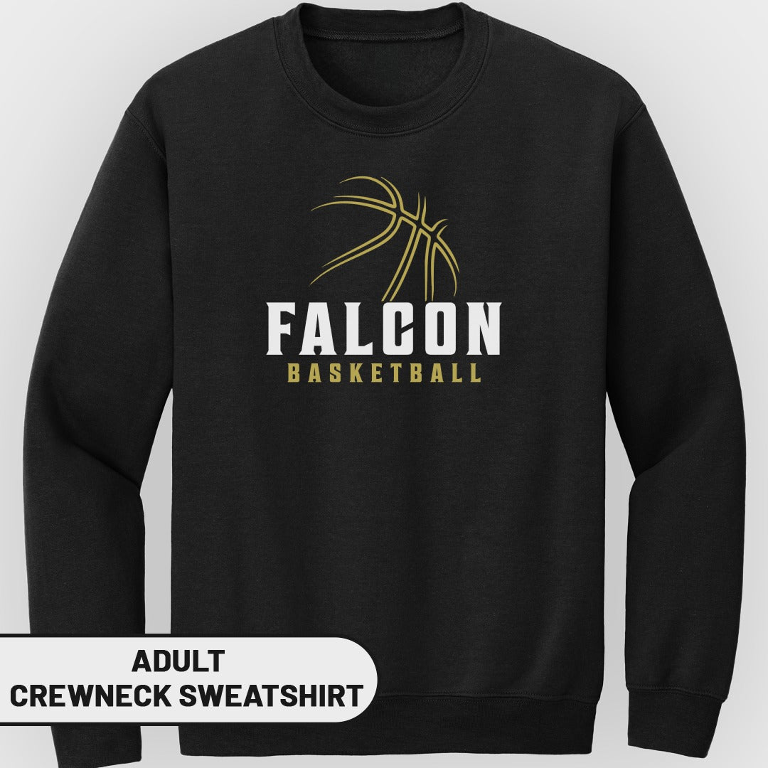 Black adult crewneck sweatshirt with "FALCON BASKETBALL" and gold basketball graphic.