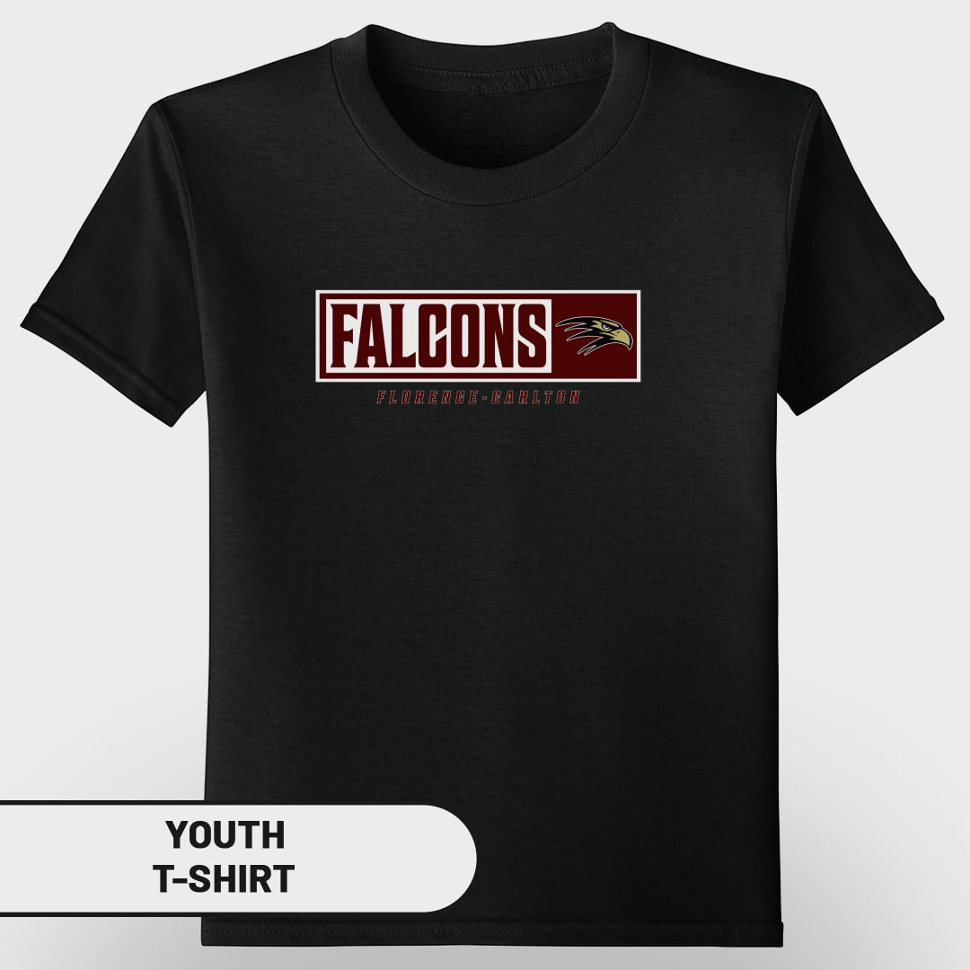 Black youth t-shirt with "FALCONS" and falcon graphic.