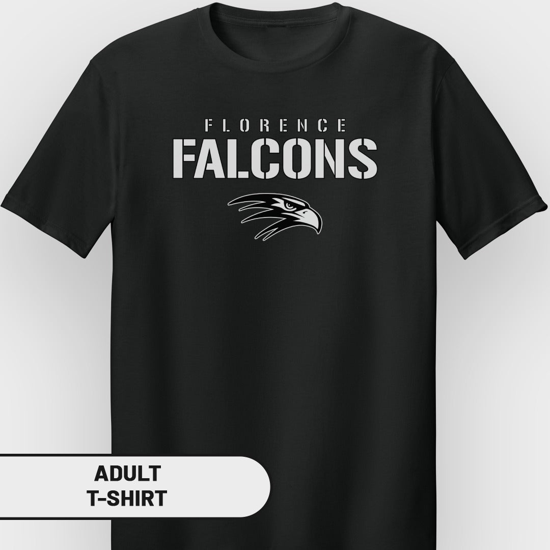 Black adult t-shirt with "FLORENCE FALCONS" and eagle logo.