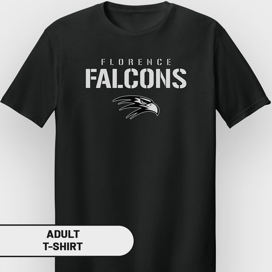 Black adult t-shirt with "FLORENCE FALCONS" and eagle logo.