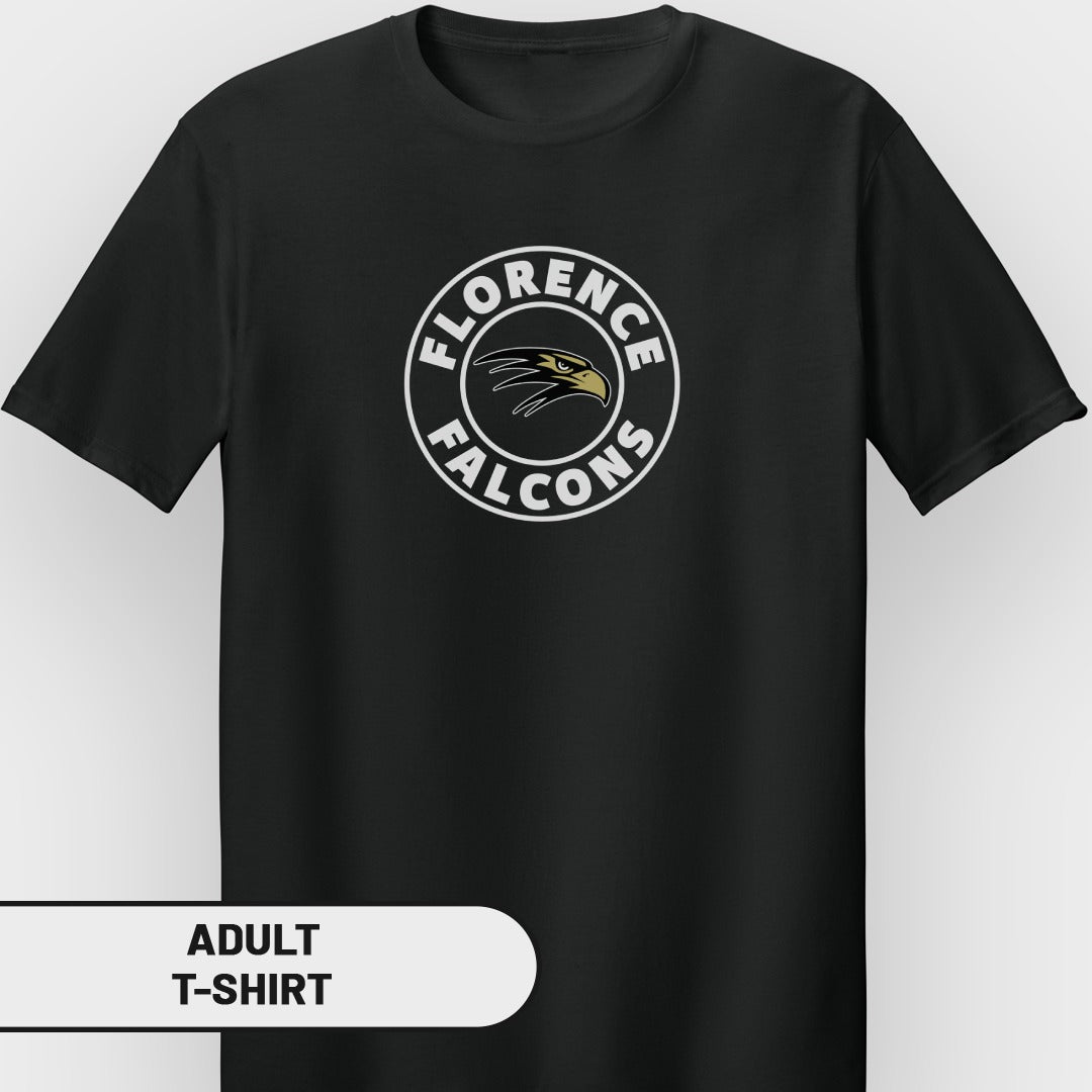 Black t-shirt with a circular "Florence Falcons" logo featuring a falcon head.
