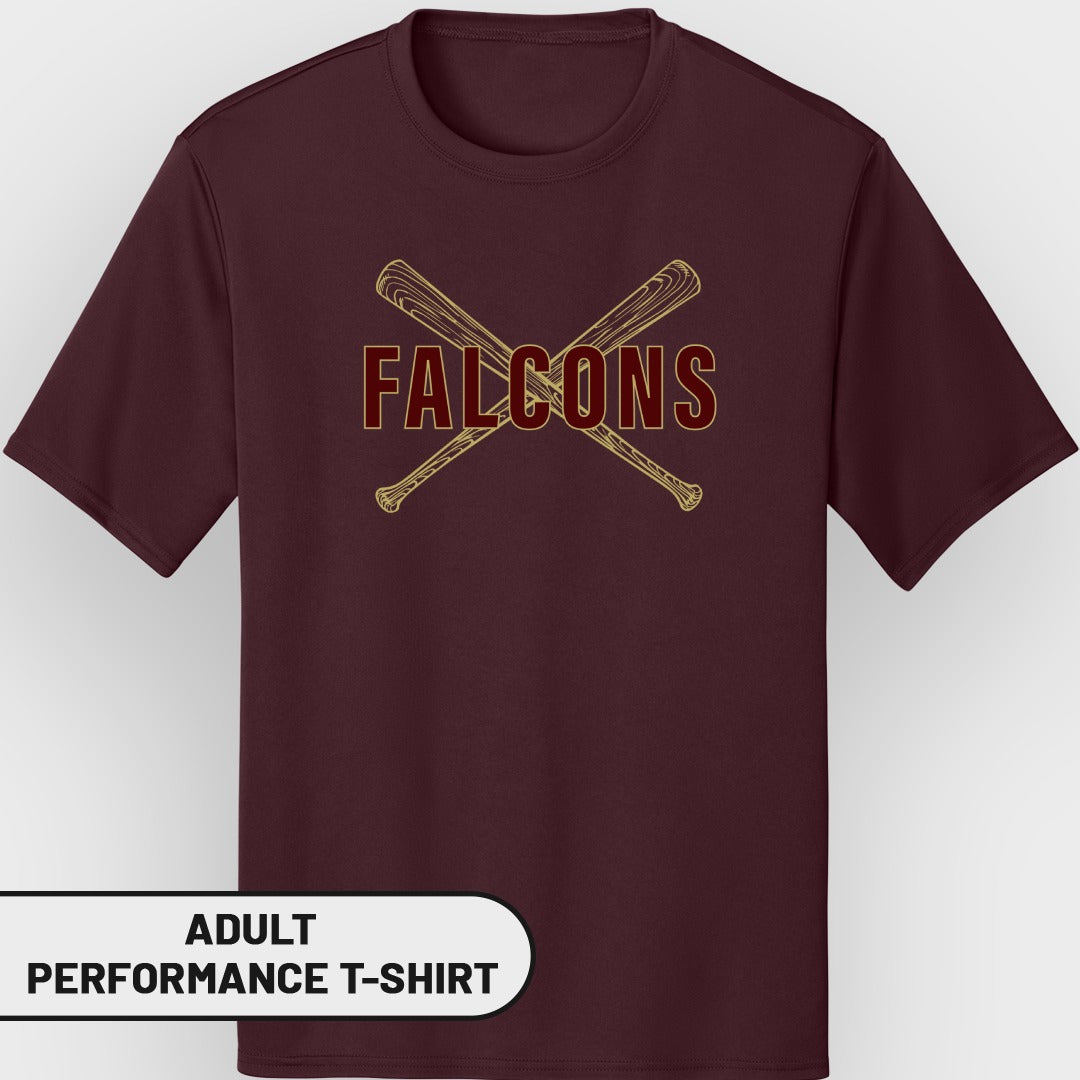Maroon adult performance t-shirt with "FALCONS" and crossed baseball bats design.