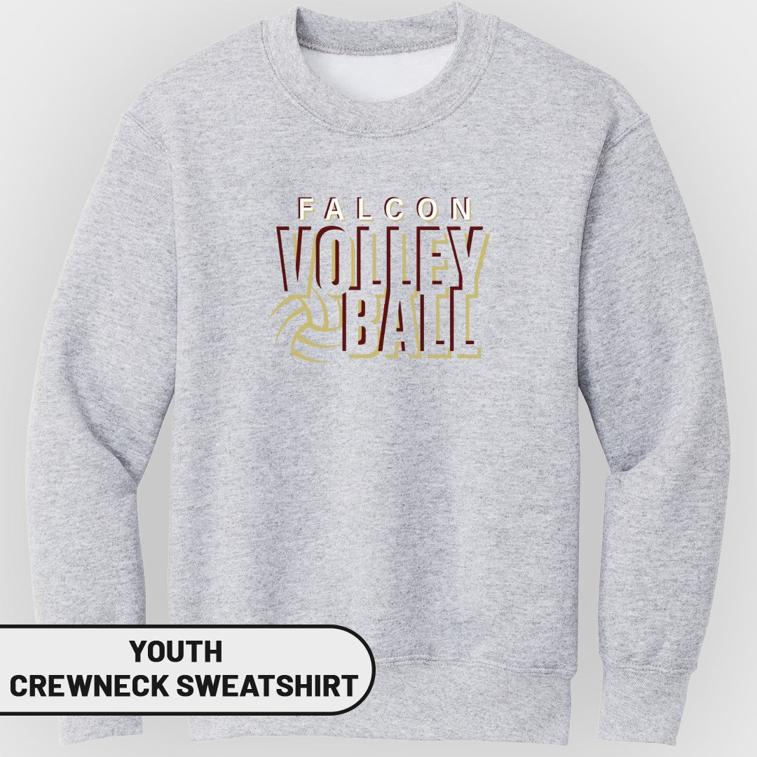 Youth grey crewneck sweatshirt with "Falcon Volleyball" text and a volleyball graphic.