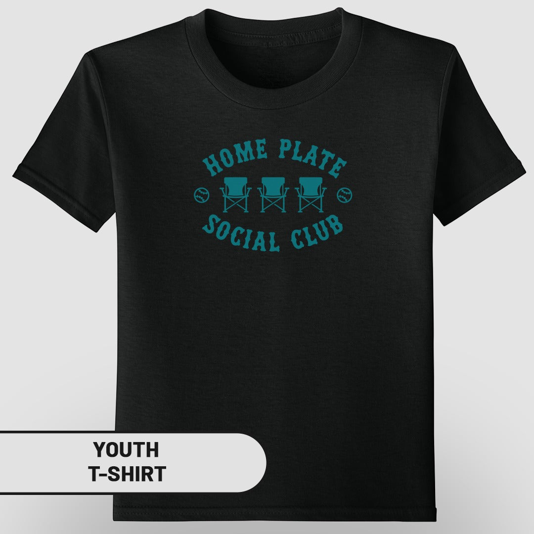 Black youth t-shirt with "Home Plate Social Club" text and chairs logo.