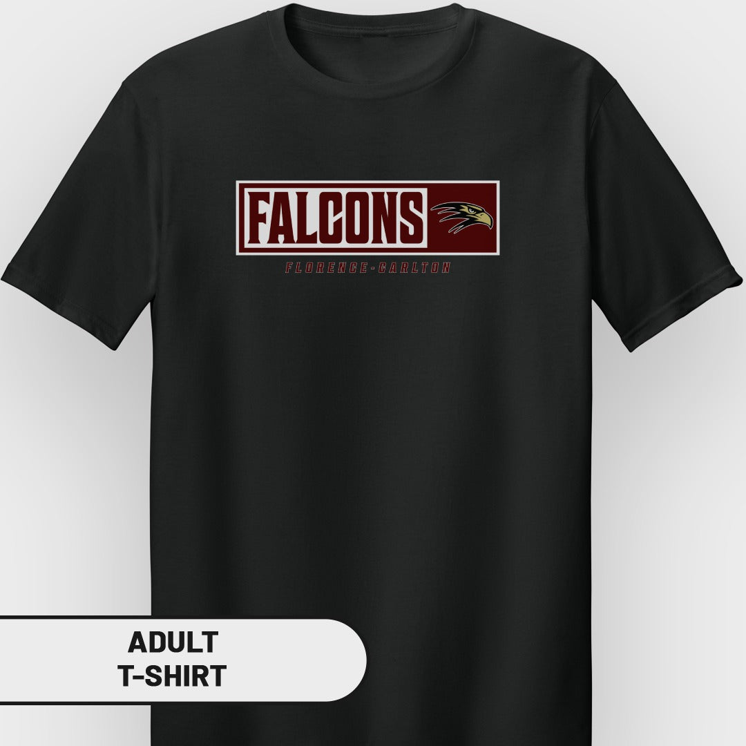 Black t-shirt with a maroon and white Falcons logo and "Florence-Carlton" text.
