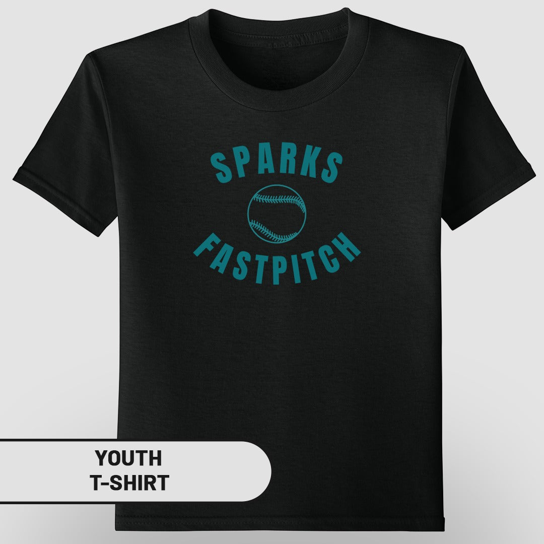 Black youth t-shirt with "SPARKS FASTPITCH" graphic in teal text.