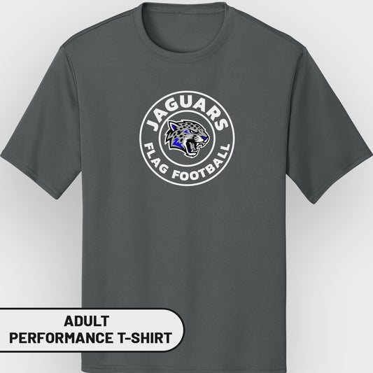 Dark gray adult performance t-shirt with Jaguars flag football logo.