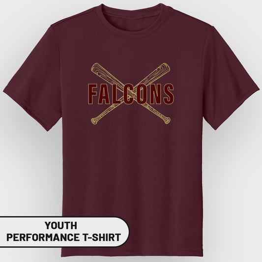 Maroon youth performance t-shirt with crossed baseball bats and "FALCONS" text.