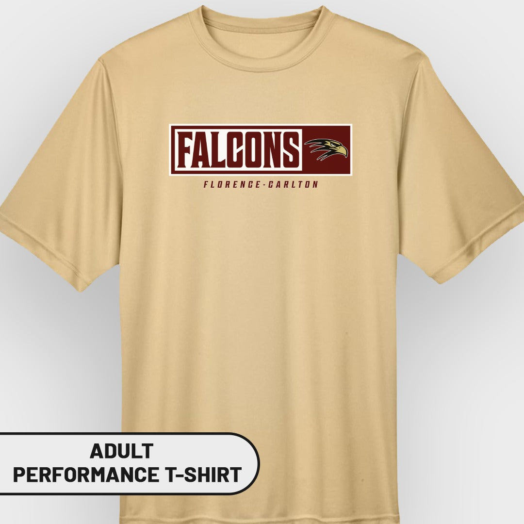Tan adult performance t-shirt with "Falcons Florence-Carlton" logo and eagle.