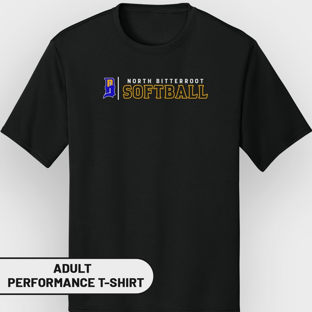 Black adult performance t-shirt with "North Bitterroot Softball" text.