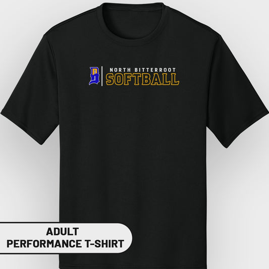 Black adult performance t-shirt with "North Bitterroot Softball" text.