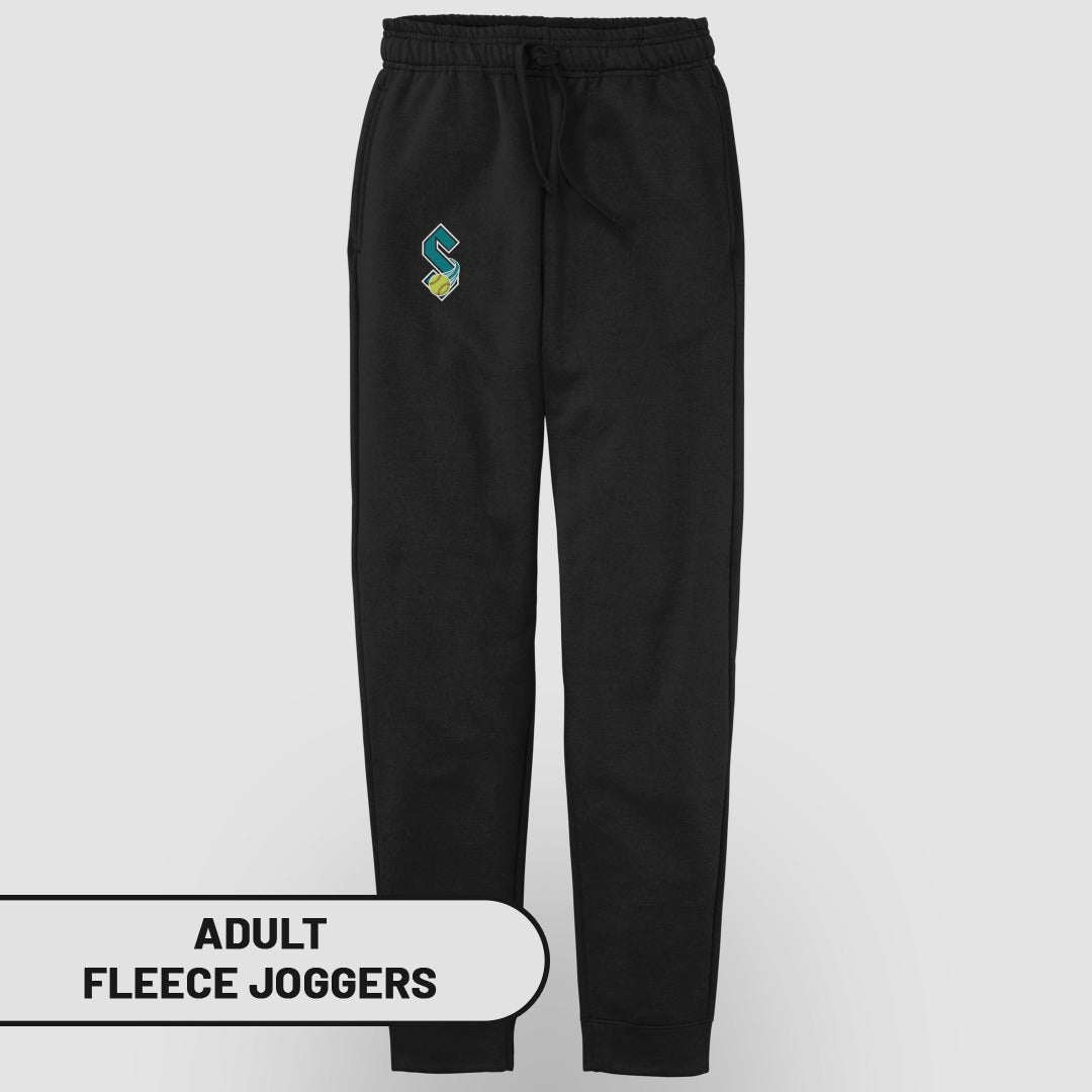 Black fleece joggers with a teal and yellow logo on the left thigh.