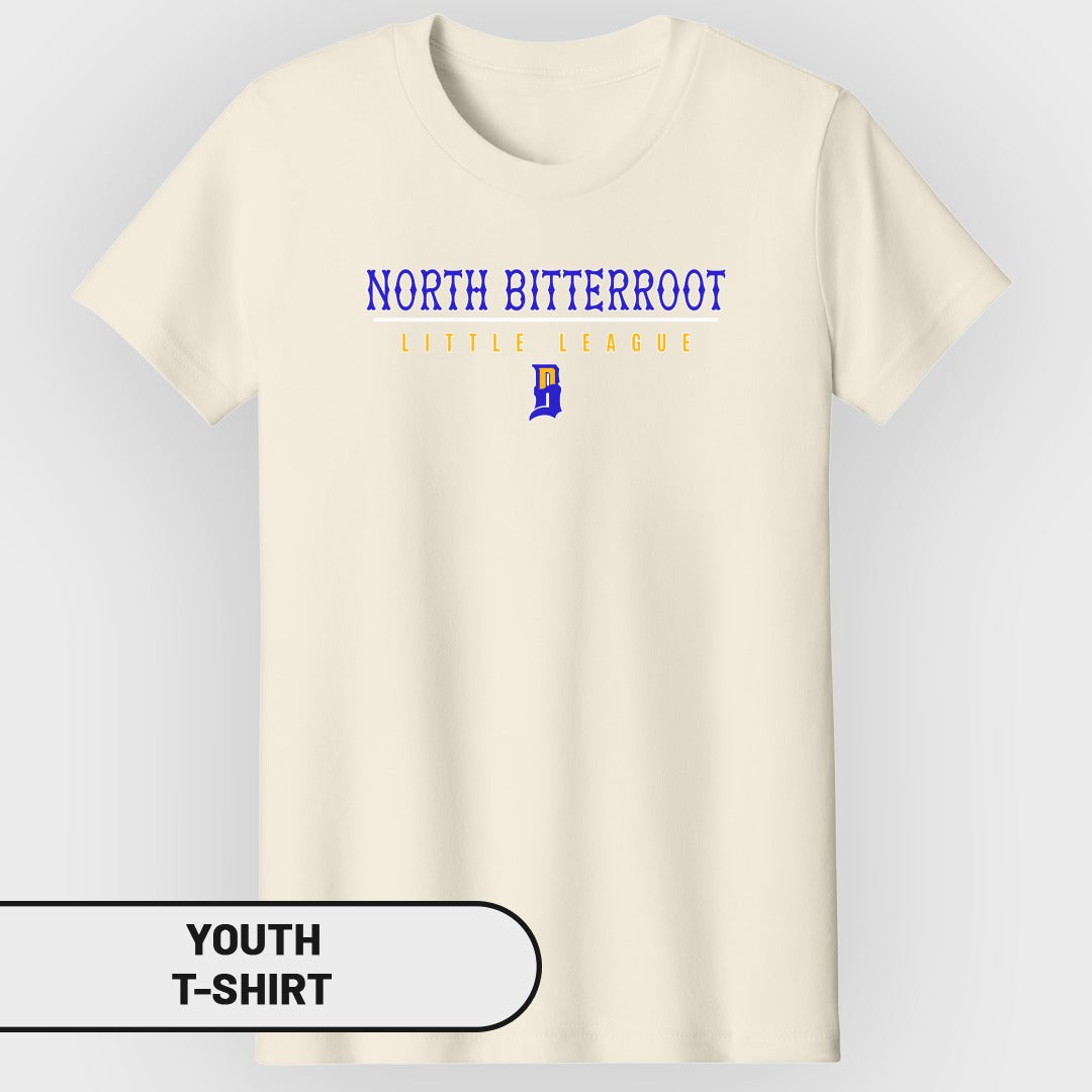 Cream youth t-shirt with "NORTH BITTERROOT" and "LITTLE LEAGUE" text.