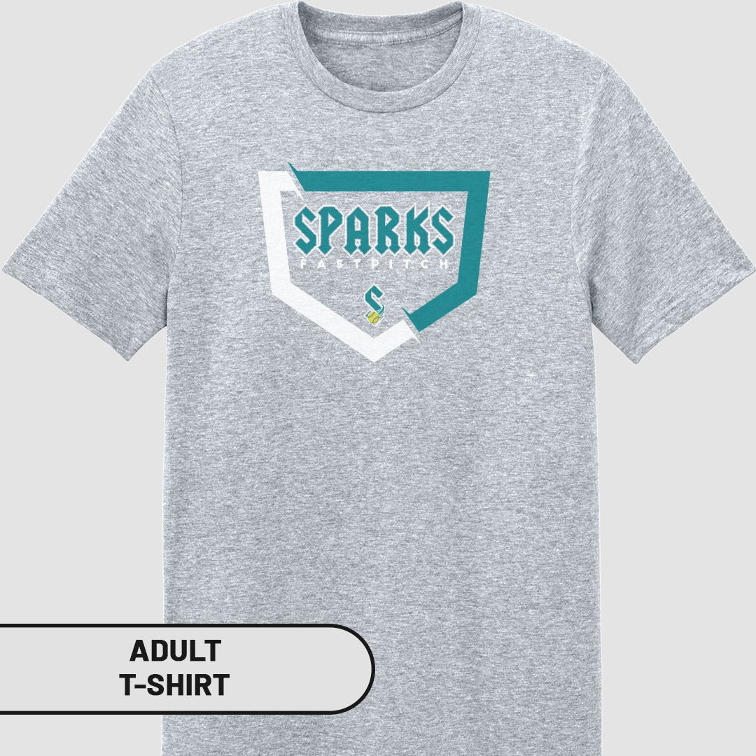 Gray adult t-shirt with Sparks East Pitch baseball logo on the chest.
