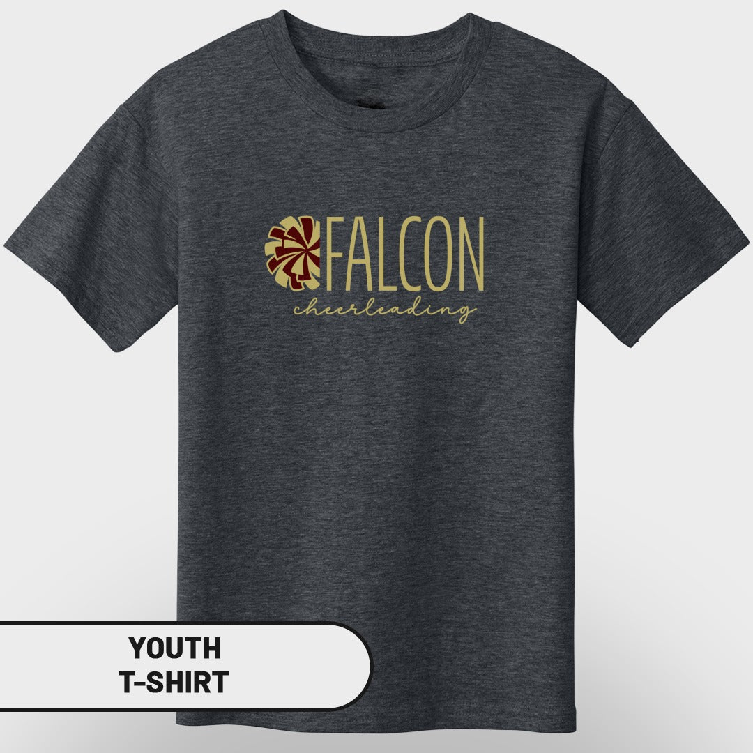 Dark grey youth t-shirt with gold "FALCON cheerleading" and a maroon and gold pom-pom.