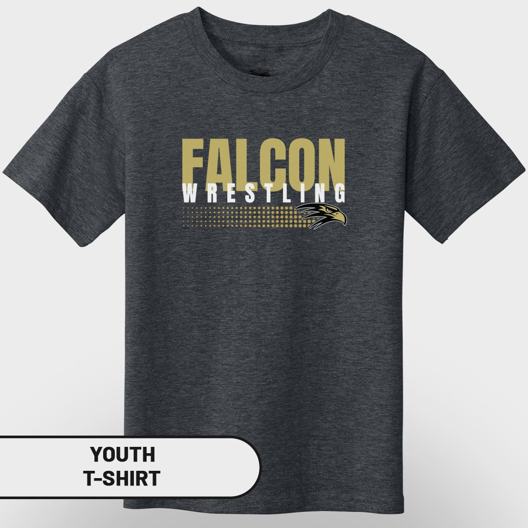 Dark grey youth t-shirt with "FALCON WRESTLING" text and a falcon graphic.