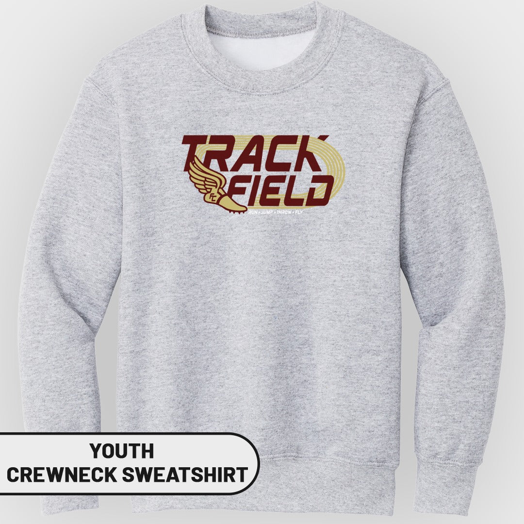 Light grey youth crewneck sweatshirt with "Track & Field" graphic and running shoe with wings.