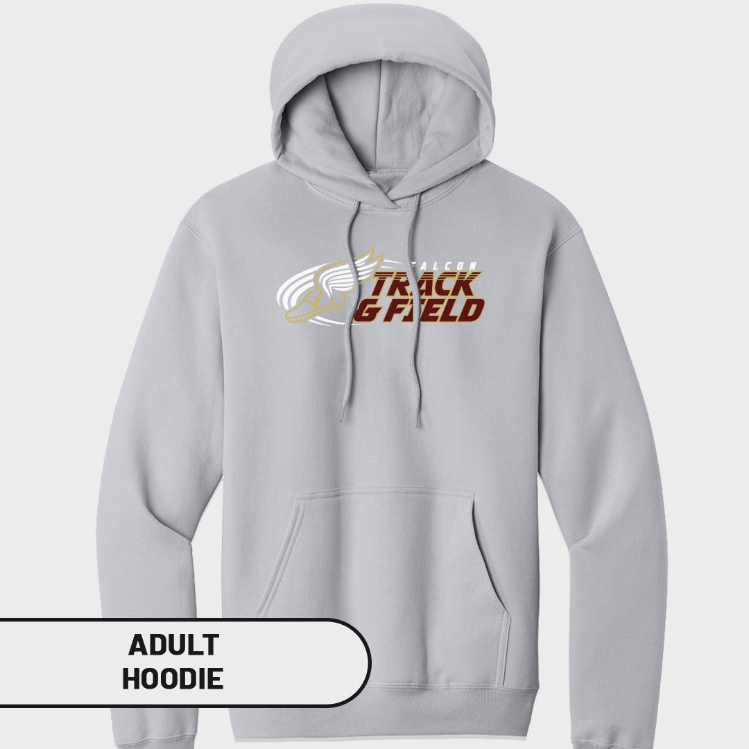Grey adult hoodie with "Falcon Track & Field" graphic and falcon design.