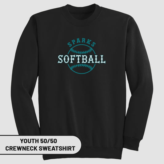 Black youth crewneck sweatshirt with "SPARKS SOFTBALL" in teal text.