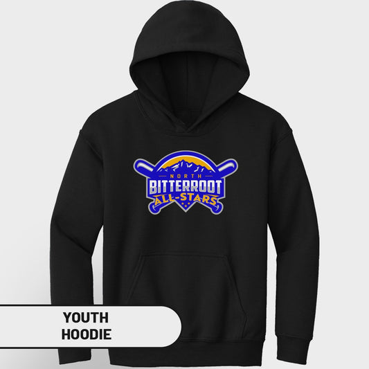 Black youth hoodie with "North Bitteroot All-Stars" baseball logo on front.