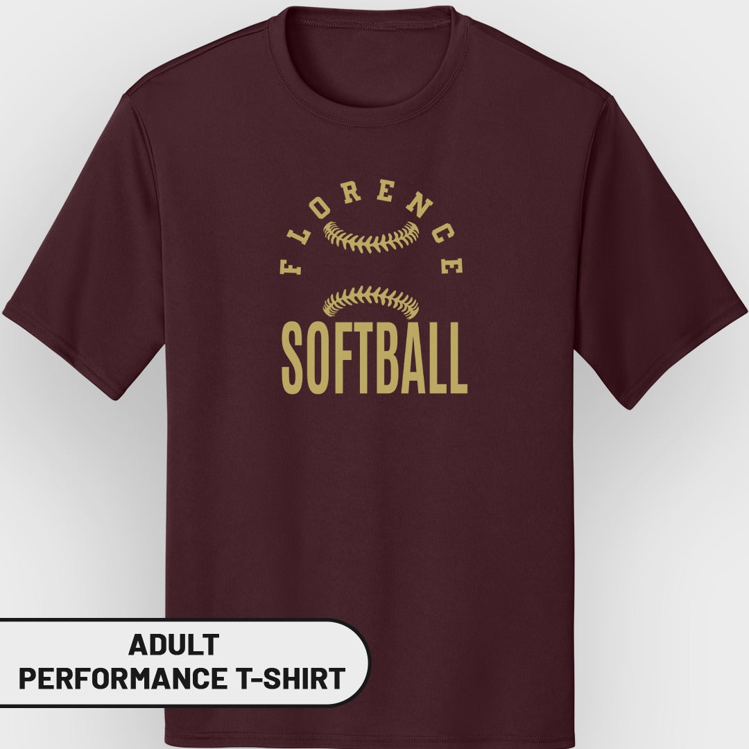 Maroon t-shirt with gold text "FLORENCE SOFTBALL" and softball graphics.