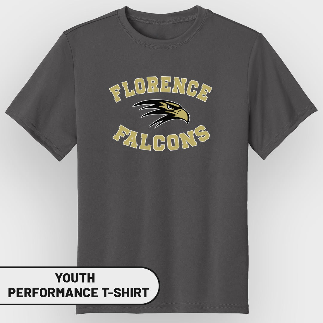 Youth dark gray performance t-shirt with "Florence Falcons" text and eagle logo.