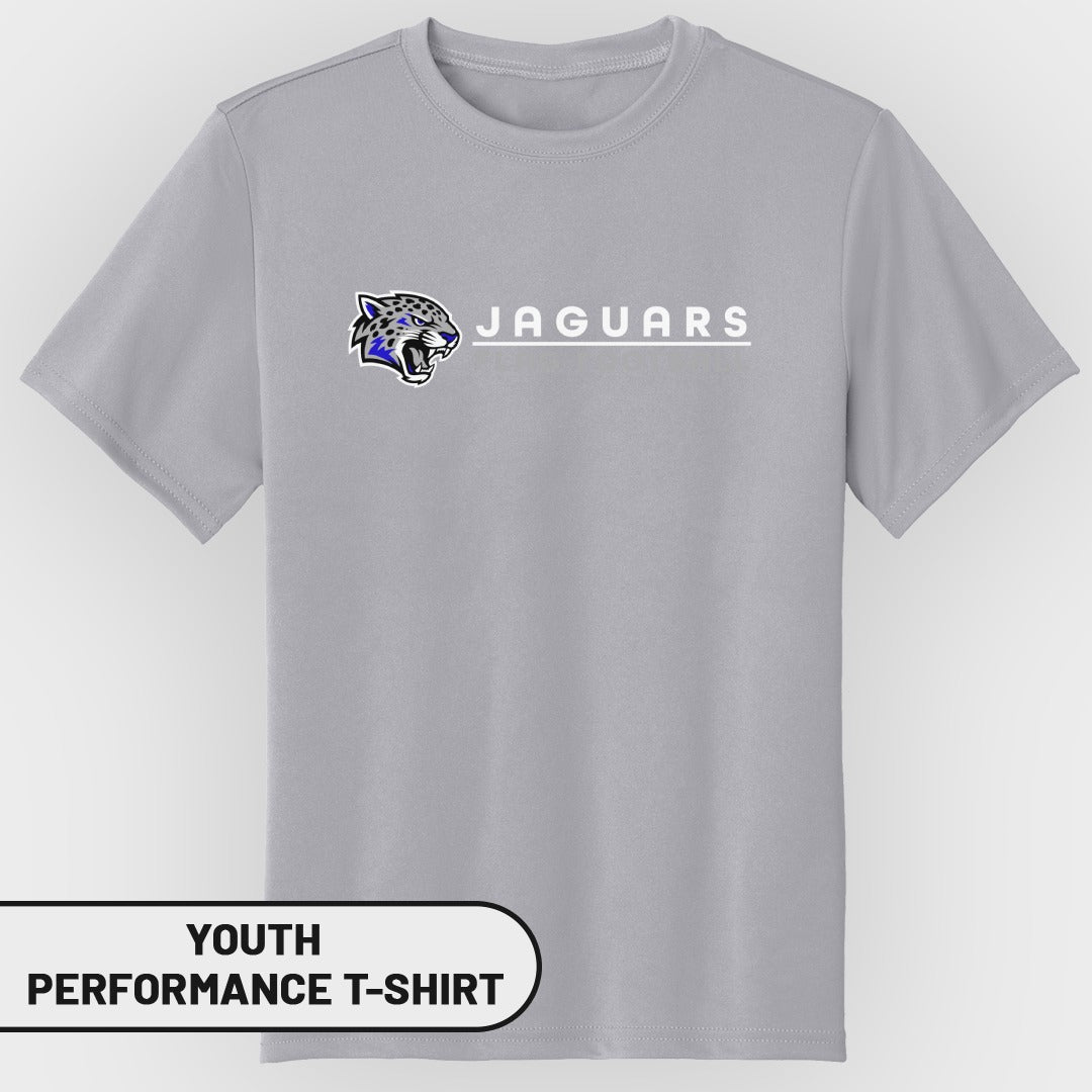 Youth performance t-shirt with Jaguars logo and text on grey fabric.