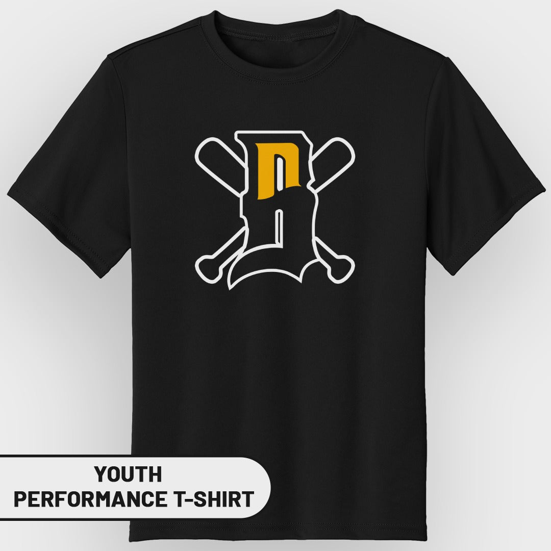 Black youth performance t-shirt with a baseball bat and "D" logo.